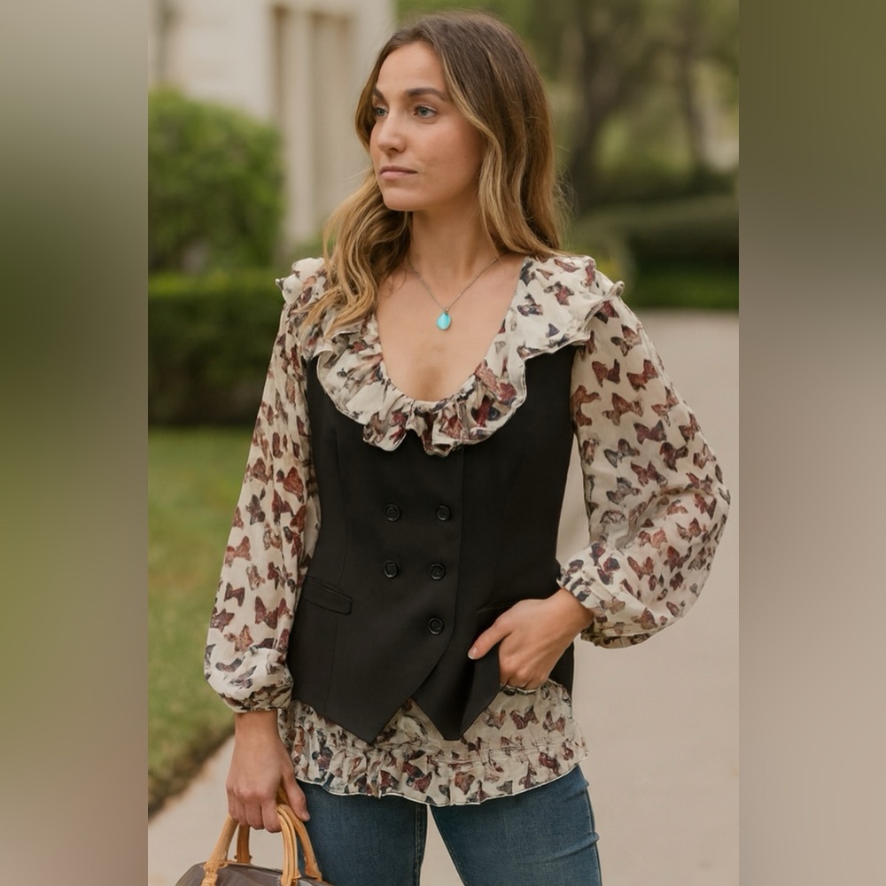 ❤️Price Drop❤️Ted Baker Black and Cream Butterfly Blouse and Matching Vest